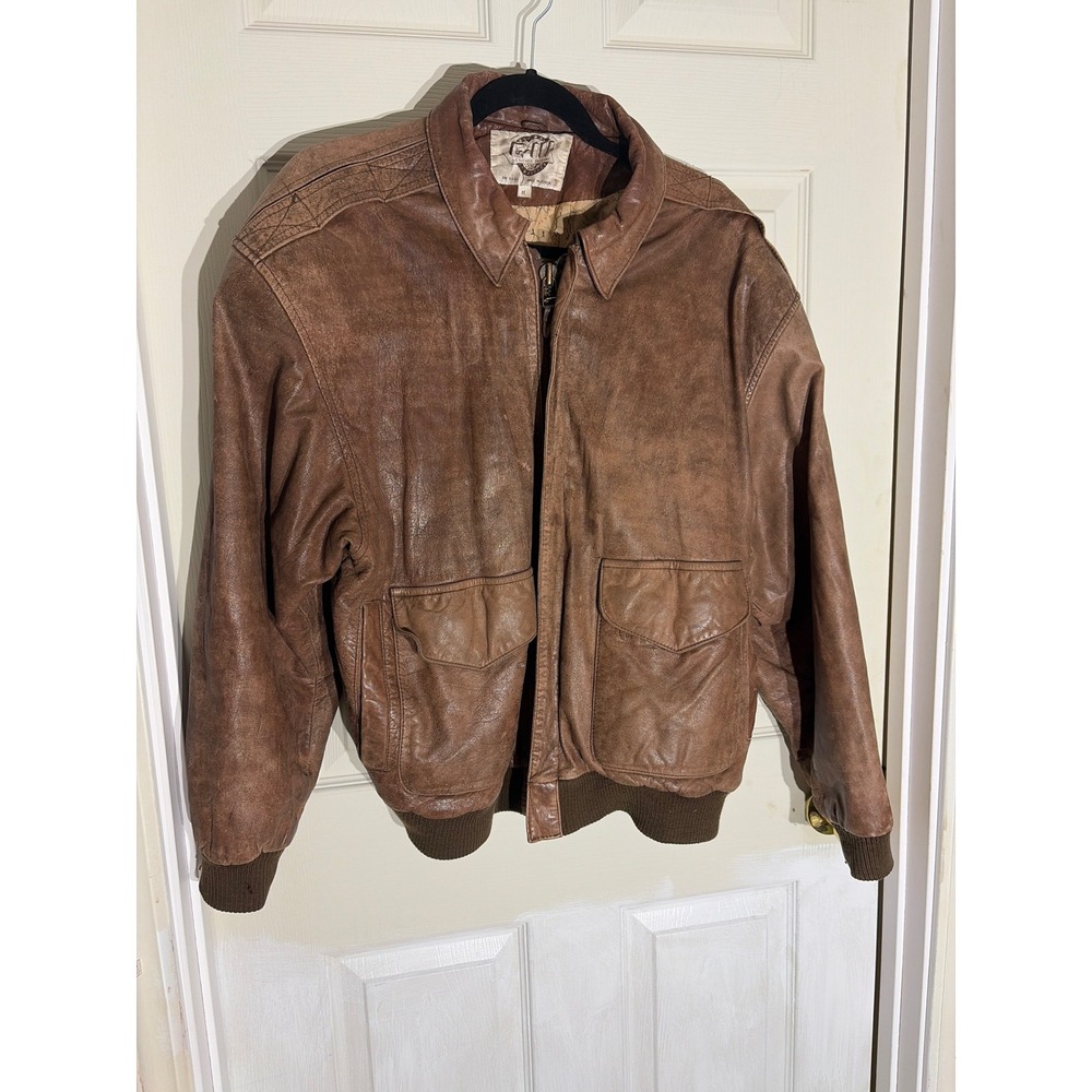 Vintage Global Identity G-III Brown Leather Bomber Jacket Flight Map Lining M